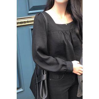 Square-neck Bishop-sleeve Blouse Black - One Size