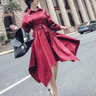 Long-sleeve Asymmetric Hem Tie-waist A-line Shirtdress