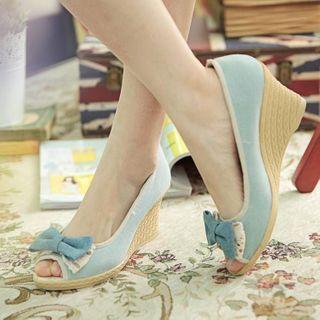 Denim Bow Peep-toe Wedge Heel Sandals