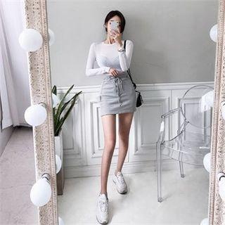 Drawstring-waist Button-front Mini Skirt