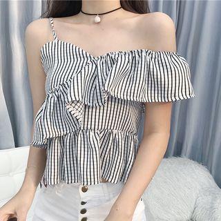 Striped Spaghetti Strap Asymmetrical Ruffle Top