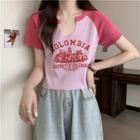 Short-sleeve Raglan Notched Cropped T-shirt