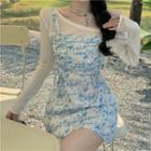 Long-sleeve Top / Strappy Floral A-line Dress