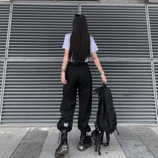 Butterfly Embroidered Drawstring-cuff Straight-cut Pants