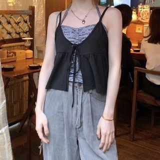 Set: Lettering Camisole Top + Flowy Camisole Top Set Of 2 - Lettering Camisole Top & Flowy Camisole Top - Gray & Black - One Size