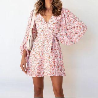 Floral Print V-neck Puff-sleeve A-line Mini Dress