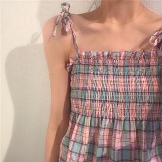 Smocked Spaghetti Strap Plaid Top