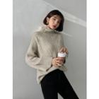 Mock-neck Wide-sleeve Ribbed Sweater