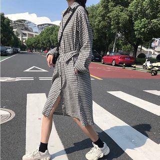 Check Long-sleeve Shirt Dress White - One Size