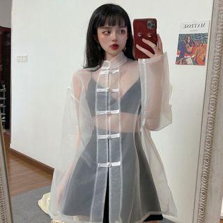 Mandarin Collar Sheer Mesh Blouse