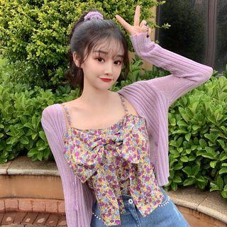 Floral Print Ribbon Camisole Top / Rib Knit Cardigan