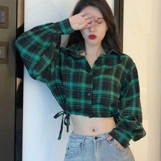 Long-sleeve Plaid Drawstring Cropped Shirt