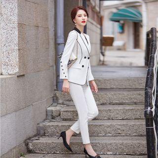 Plain Double-breasted Blazer / Cropped Straight Leg Pants / Set