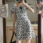 Short-sleeve Print A-line Dress Black Dotted - White - One Size