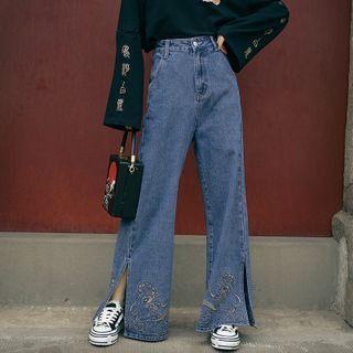 Embroidered Slit Wide Leg Jeans