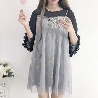 3/4-sleeve Embroidered Mock Two-piece Dress As Shown In Figure - One Size