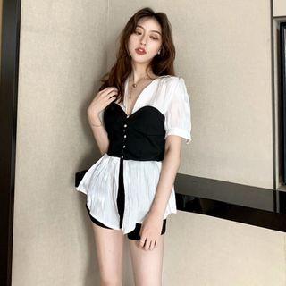Mock Two-piece Colorblock Blouse Black & White - One Size