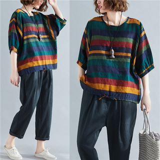 Striped Elbow-sleeve Linen T-shirt As Shown In Figure - One Size