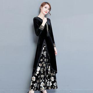Set: Long-sleeve Top + Print Wide Leg Pants