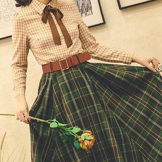 Long-sleeve Checked Tie-neck Shirt