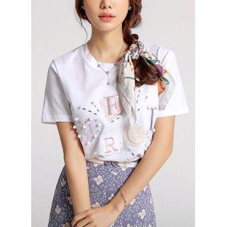 Faux-pearl Embroidered Lace-detail T-shirt