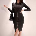 Front-zip Long-sleeve Sheath Dress Black - One Size