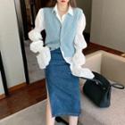 Lantern-sleeve Shirt / Cable-knit Vest / Denim Midi Straight-fit Skirt