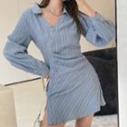 Long-sleeve Collared Striped Mini A-line Dress