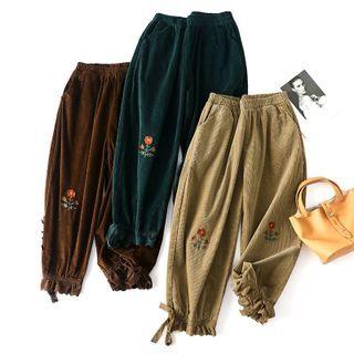 Floral Embroidered Corduroy Cropped Harem Pants