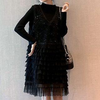 Long-sleeve Top / Sleeveless Mesh Dress