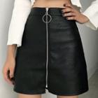 Faux Leather Zip-front Mini A-line Skirt
