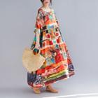 Elbow-sleeve Floral Print Maxi Linen Dress As Shown In Figure - One Size