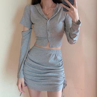 Long-sleeve Detachable Hooded T-shirt / Drawstring Mini Pencil Skirt