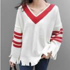 Striped V-neck Ripped Sweater Off-white - One Size