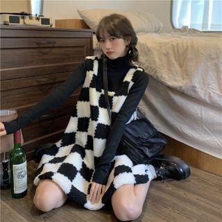 Checkerboard Fleece Mini A-line Overall Dress Black & White - One Size