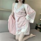 Set: V-neck Lace Trim Open-back Bow-accent Silky Camisole + Shorts / Open-front Jacket