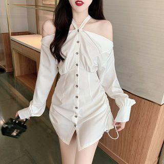 Off-shoulder Halter Mini Shirtdress
