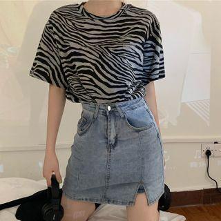 Zebra Short-sleeve T-shirt / Denim A-line Skort