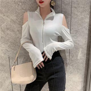 Cold-shoulder Half-zip Long-sleeve Velvet Top