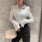 Cold-shoulder Half-zip Long-sleeve Velvet Top