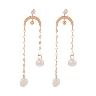 Rhinestone Faux Pearl Alloy Fringed Earring 1 Pair - Earrings - Faux Pearl & Tassel - Rose Gold - One Size