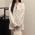 V-neck Plain Cable Knit Loose Fit Knit Top Sweater - White - One Size