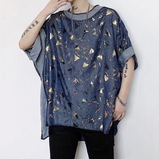 Elbow-sleeve Metallic Print T-shirt
