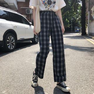 Plaid Straight Fit Pants Navy Blue - One Size