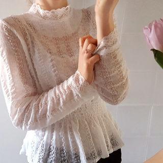 Mock-neck Smocked-waist Sheer Lace Top