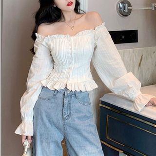 Off-shoulder Frilled Trim Blouse White - One Size