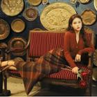 Set: Long-sleeve Buttoned V-neck Blouse + Plaid Midi A-line Skirt + Belt