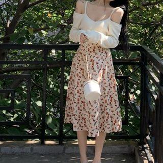 Cold-shoulder Knit Top/ High Waist Floral Print A-line Skirt