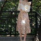 Cold-shoulder Knit Top/ High Waist Floral Print A-line Skirt