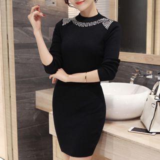 Elbow-sleeve Embellished Plain Slim Dress